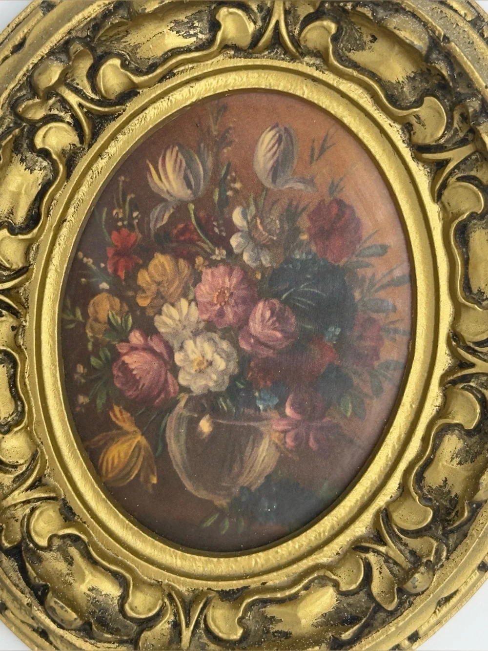 Vintage Pair Oval Gold Framed Wall Art Floral & Scenic Made in Italy